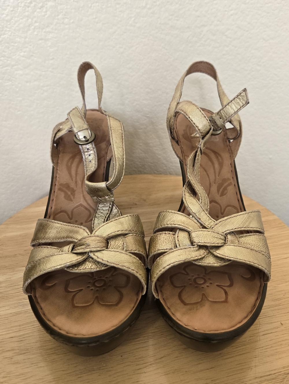 Born Gold Leather Heeled Platform Sandals, 10